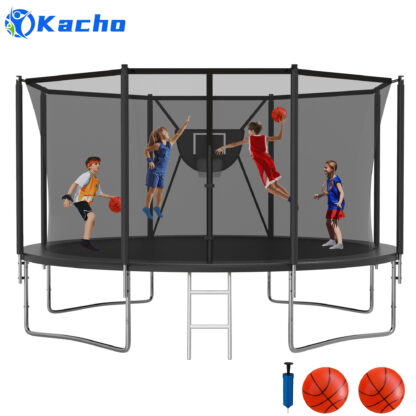 Kacho Trampoline 14FT, 1400LBS Trampoline with Enclosure Net, Basketball Hoop, 2 Ball, Large Outdoor Trampoline for 1-2 Adults/ 4-5 Kids, Backyard Trampoline, No Gap Design, Black