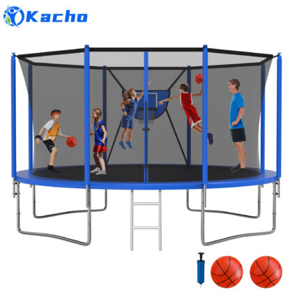 Kacho Trampoline 14FT, 1400LBS Trampoline with Enclosure Net, Basketball Hoop, 2 Ball, Large Outdoor Trampoline for 1-2 Adults/ 4-5 Kids, Backyard Trampoline, No Gap Design, Blue