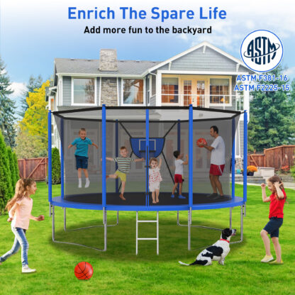 Kacho Trampoline 14FT, 1400LBS Trampoline with Enclosure Net, Basketball Hoop, 2 Ball, Large Outdoor Trampoline for 1-2 Adults/ 4-5 Kids, Backyard Trampoline, No Gap Design, Blue - Image 3