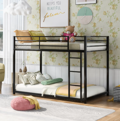 Kacho Bunk Bed, Twin Over Twin Metal Bunk Bed, Low Bunk Bed Whit Safety Full-Length Guardrail, and Ladder, No Box Spring Needed, Suitable for Girls Boys Toddlers, Bunk Bed Frame Easy Assembly, Black