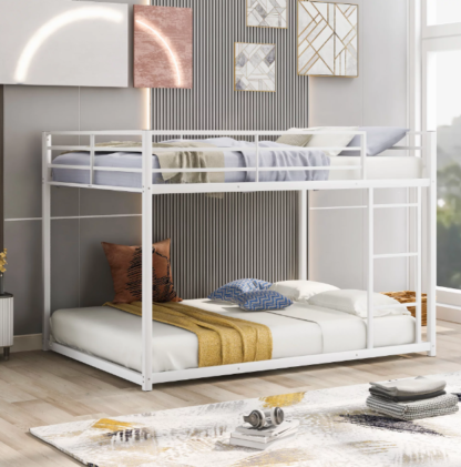 Kacho Bunk Bed, Full Over Full Metal Bunk Bed, Low Bunk Bed Whit Safety Full-Length Guardrail, and Ladder, No Box Spring Needed, Suitable for Girls Boys Toddlers, Bunk Bed Frame Easy Assembly, White