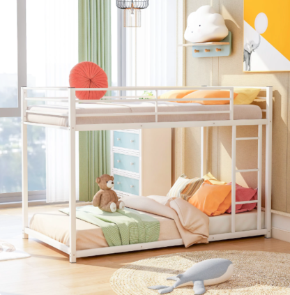 Kacho Bunk Bed, Twin Over Twin Metal Bunk Bed, Low Bunk Bed Whit Safety Full-Length Guardrail, and Ladder, No Box Spring Needed, Suitable for Girls Boys Toddlers, Bunk Bed Frame Easy Assembly, White