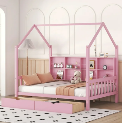 Kacho Full House Bed, Wooden Frame with 2 Drawers and Storage Shelf, Full Floor Bed for Kids and Toddlers, Roof Design Bedroom Bedframe for Boys, Girls, Solid Wood Playhouse Bed, Easy Assembly, Pink