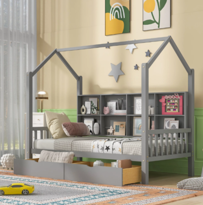 Kacho Twin House Bed, Wooden Frame with 2 Drawers and Storage Shelf, Twin Floor Bed for Kids and Toddlers, Roof Design Bedroom Bedframe for Boys, Girls, Solid Wood Playhouse Bed, Easy Assembly, Gray