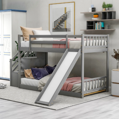 Kacho Wood Low Bunk Bed for Kids, Twin Over Twin Floor Bunk Bed with Slide and Stair, Stairway with Storage Shelves/Handrail, Space-Saving Bedroom Dormitory Furniture, Gray