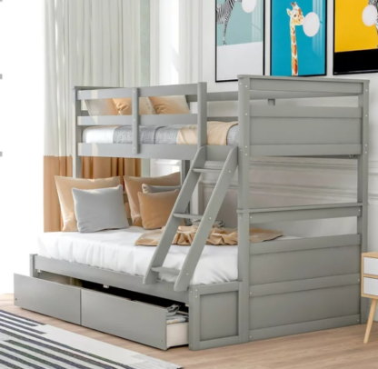 Kacho Twin over Full Bunk Bed with Storage, Bunk Bed with 2 Storage Drawers, Solid Wood Bunk Bed Frame with Guardrails and Ladder for Kids Boys Girls Teens Adults, No Box Spring Needed, Gray
