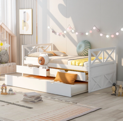 Kacho Twin Platform Bed for Kids, Daybed with Drawers and Trundle, Wood Storage Daybed Sofa Bed with Trundle, Wooden Daybed for Living Room Bedroom, Multi-Functional Bedframe for Kids Teens, White