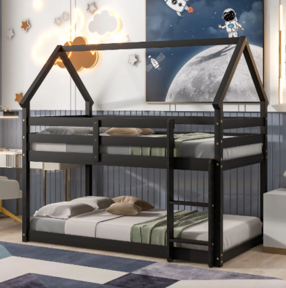 Kacho House Bunk Bed for Kids, Twin over Twin Wooden Bedframe with Roof, Twin Bunk Bed with Ladder and Safety Guardrails, for Bedroom Dormitory for Boys and Girls, No Box Spring Needed, Black