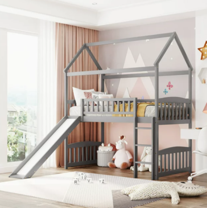 Kacho Twin Loft Bed with Slide for Kids, Loft Bed, Wood House Bed with Roof, Solid Wood Loft Bed with Full-Length Safety Guardrails Ladders, House Loft Bed for Bedroom Dormitory, Gray