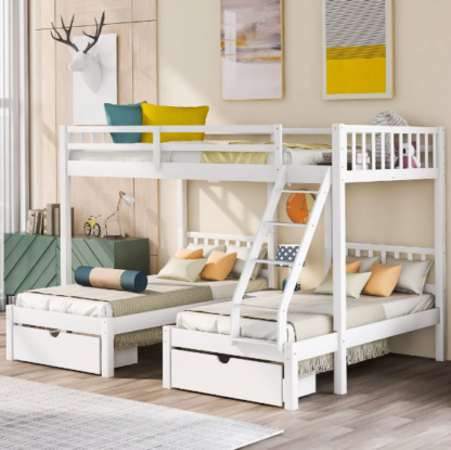 Kacho Triple Bunk Beds for Kids, Wooden Full Over Twin & Twin Bunk Bed with 3 Drawers, Wood Triple Bunk Bed with Full-Length Guardrail and Ladder, No Box Spring Needed, White