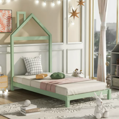 Kacho Twin Size Kids Bed with House-Shaped Headboard, Toddler Floor Bed with Solid Wood Slats, Twin Platform Bed Frame for Girls Boys, Wood Twin Bedframe, No Box Spring Needed, Green