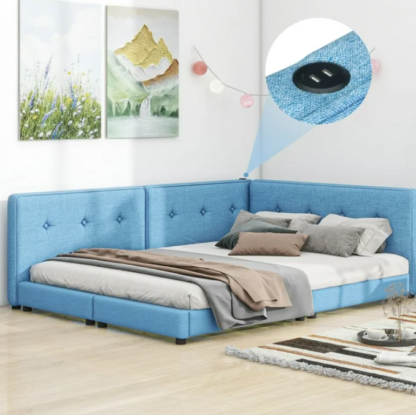 Kacho Upholstered Queen Size Platform Bed with USB Ports, Linen Wooden Daybed, Sofa Bed, Low Floor Bed Frame with Backrests for Boys Girls Teens Adults, No Box Spring Needed
