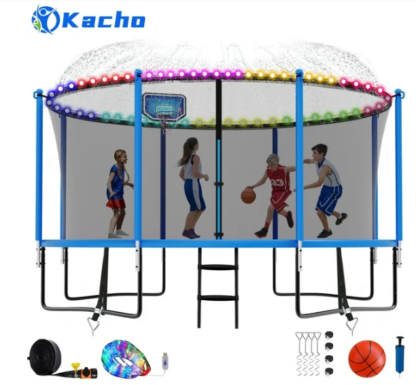 Kacho Trampoline 12FT for Adults Kids, 1200LBS Trampoline with Enclosure Net, Basketball Hoop, Ladder, Sprinkler, Light, 2 Ball, Outdoor Recreational Trampoline, No Gap Design Trampoline