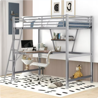 Kacho Metal Loft Bed, Loft Bed Frame for Kids, Twin Bunk Bed with Desk and Storage Shelves, Safety Full-Length Guardrails, for Childroom Bedroom, Easy Assembly, No Box Spring Needed, Gray