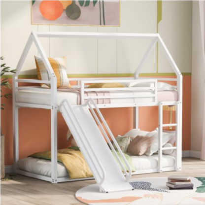 Kacho House Bunk Bed with Slide, Metal Bunk Bed Frame for Kids, Bunk Bed Twin Over Twin with Safety Full-Length Guardrails, for Childroom Bedroom, Easy Assembly, No Box Spring Needed, White