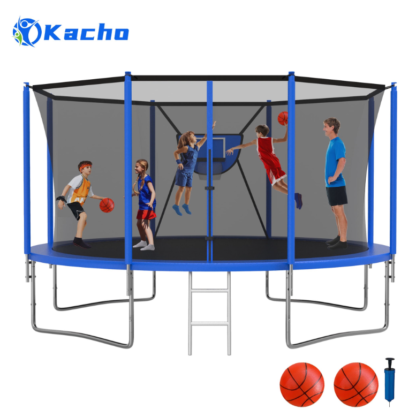 Kacho Trampoline 14FT, 1400LBS Trampoline for Adults Kids, No Gap Desgin Trampoline with Enclosure Net, Basketball Hoop, 2 Ball, Ladder, Outdoor Backyard Trampoline, No Gap Design, Blue