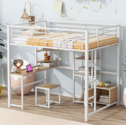 Kacho Loft Bed, Full Size Loft Bed with Desk and Stool, Metal Heavy Duty Loft Bed with Open-Style Wardrobe, Shelves and Cabinet, for Bedroom Childroom , Space Saving, Noise Free, White