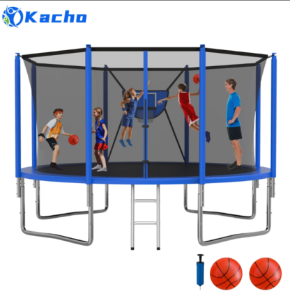 Kacho Trampoline 14FT, 1400LBS Trampoline for Adults Kids, No Gap Desgin Trampoline with Enclosure Net, Basketball Hoop, 2 Ball, Ladder, Outdoor Backyard Trampoline, No Gap Design, Blue