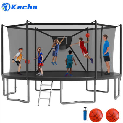 Kacho No Gap Design Round Trampoline with Safety Enclosure Net and Basketball Hoop, Black