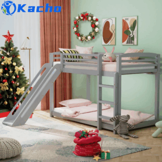 Kacho Twin over Twin Bunk Bed with Slide, Wood Bunk Bed for Kids Teens Adults, Twin Bunk Bed Frame with Convertible Slide and Ladder, Bunk Bed for Bedroom Dormitory, No Box Spring Needed, Gray