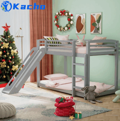 Kacho Twin over Twin Bunk Bed with Slide, Wood Bunk Bed for Kids Teens Adults, Twin Bunk Bed Frame with Convertible Slide and Ladder, Bunk Bed for Bedroom Dormitory, No Box Spring Needed, Gray