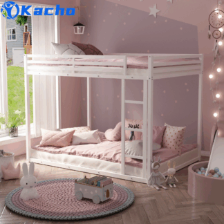 Kacho Bunk Bed, Full Over Full Metal Bunk Bed, Low Bunk Bed Whit Safety Full-Length Guardrail, and Ladder, No Box Spring Needed, Suitable for Girls Boys Toddlers, Bunk Bed Frame Easy Assembly, White