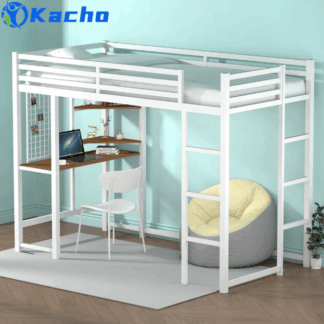 Kacho Twin Loft Bed with Desk, Metal Loft Bed for Kids Adults, Heavy Duty Loft Bed with 2 Side Ladders and Full-Length Guardrail, Noise-Free, No Box Spring Needed, Space Saving for Bedroom, White