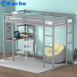 Kacho Twin Loft Bed with Desk, Metal Loft Bed for Kids Adults, Heavy Duty Loft Bed with 2 Side Ladders and Full-Length Guardrail, Noise-Free, No Box Spring Needed, Space Saving for Bedroom, Silver