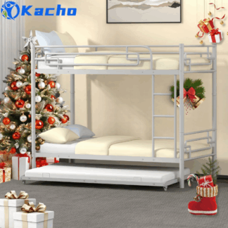 Kacho Bunk Bed with Trundle, Metal Bunk Bed for Kids Adults, Twin Over Twin Over Twin Bunk Bed Convertible Into 3 Twin Size Bed, Heavy Duty Bunk Bed with Full-Length Guardrails and Ladder, Silver