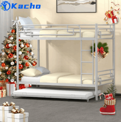 Kacho Bunk Bed with Trundle, Metal Bunk Bed for Kids Adults, Twin Over Twin Over Twin Bunk Bed Convertible Into 3 Twin Size Bed, Heavy Duty Bunk Bed with Full-Length Guardrails and Ladder, Silver
