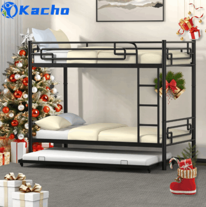 Kacho Metal Bunk Bed with Trundle, Twin over Twin over Twin Bunk Bed Convertible Into 3 Twin Size Bed, Heavy Duty Bunk Bed Frame with Full-Length Guardrails and Ladder, No Box Spring Needed, Black