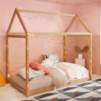 Kacho Twin Floor Bed for Kids, Wood Twin House Bed Frame with Slats, Montessori Toddler Bed for Kids, Girls, Boys, Teens, Easy Assembly, Natural