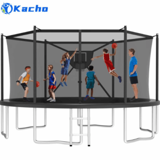 Kacho Trampoline, 16FT 1500LBS Trampoline for 5-6 Kids and 3-4 Adults, Outdoor Trampoline with Safety Enclosure Net, Basketball Hoop, Ball, No Gap Design Backyard Trampoline, Round Trampoline, Black