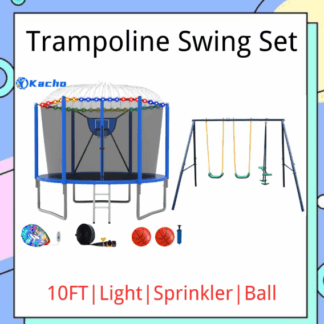 Kacho Trampoline 10FT 12FT 14FT 16FT, Trampoline with Enclosure Net, Swing Set, No Gap Design Trampoline with Basketball Hoop, Ball, Inflator, Sprinkler, Light, Heavy Duty Trampoline Blue