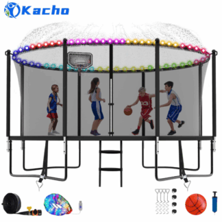 Kacho Trampoline 12FT, Trampoline with Enclosure Net, Sprinkler, Light, Ladder, Outdoor Recreational Trampoline with Basketball Hoop, No Gap Design Trampoline for 3-4 Kids And 1-2 Adults