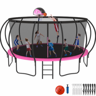 Kacho Trampoline, 16FT Trampoline for Adults and Kids, 1500LBS Trampoline with Enclosure Net, Basketball Hoop, Light, Sprinkler, Ladder, Wind Stakes, Outdoor Heavy-Duty Trampolines, Gray, Pink