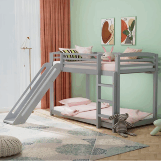 Kacho Twin over Twin Bunk Bed with Slide, Wood Bunk Bed for Kids Teens Adults, Twin Bunk Bed Frame with Convertible Slide and Ladder, Bunk Bed for Bedroom Dormitory, No Box Spring Needed, Gray