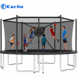 Kacho Trampoline, 16FT 1500LBS Trampoline for 5-6 Kids and 3-4 Adults, Outdoor Trampoline with Safety Enclosure Net, Basketball Hoop, Ball, No Gap Design Backyard Trampoline, Round Trampoline, Black