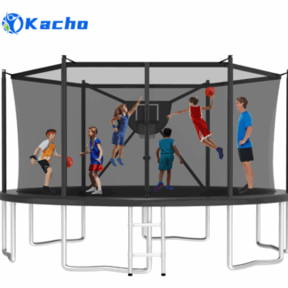 Kacho Trampoline, 16FT 1500LBS Trampoline for 5-6 Kids and 3-4 Adults, Outdoor Trampoline with Safety Enclosure Net, Basketball Hoop, Ball, No Gap Design Backyard Trampoline, Round Trampoline, Black