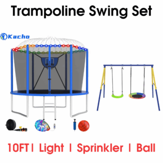 Kacho Trampoline 10FT 12FT 14FT 16FT, Trampoline with Enclosure Net, Swing Set, No Gap Design Trampoline with Basketball Hoop, Ball, Inflator, Sprinkler, Light, Heavy Duty Trampoline Blue