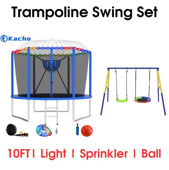 Kacho Trampoline 10FT 12FT 14FT 16FT, Trampoline with Enclosure Net, Swing Set, No Gap Design Trampoline with Basketball Hoop, Ball, Inflator, Sprinkler, Light, Heavy Duty Trampoline Blue