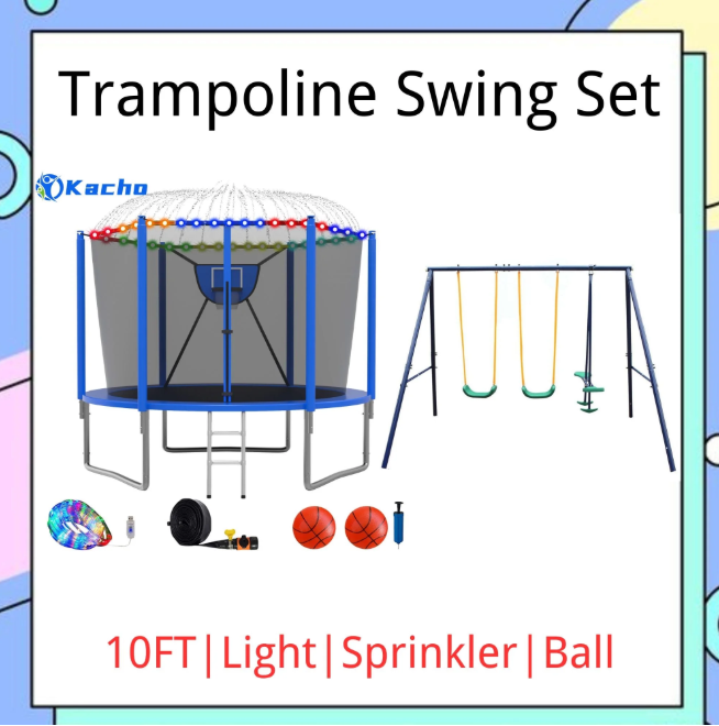 Kacho Trampoline 10FT 12FT 14FT 16FT, Trampoline with Enclosure Net, Swing Set, No Gap Design Trampoline with Basketball Hoop, Ball, Inflator, Sprinkler, Light, Heavy Duty Trampoline Black