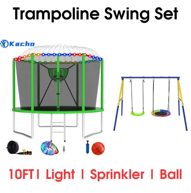 Kacho Trampoline 10FT 12FT 14FT 16FT, Trampoline with Enclosure Net, Swing Set, No Gap Design Trampoline with Basketball Hoop, Ball, Inflator, Sprinkler, Light, Heavy Duty Trampoline Green