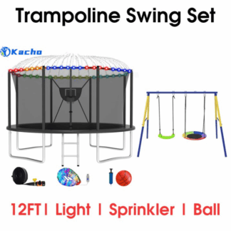 Kacho Trampoline 12FT 10FT 14FT 16FT, Trampoline with Enclosure Net, Swing Set, No Gap Design Trampoline with Basketball Hoop, Ball, Inflator, Sprinkler, Light, Heavy Duty Trampoline Black