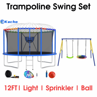 Kacho Trampoline 12FT 10FT 14FT 16FT, Trampoline with Enclosure Net, Swing Set, No Gap Design Trampoline with Basketball Hoop, Ball, Inflator, Sprinkler, Light, Heavy Duty Trampoline Blue