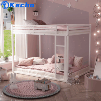 Kacho Bunk Bed, Full Over Full Metal Bunk Bed, Low Bunk Bed Whit Safety Full-Length Guardrail, and Ladder, No Box Spring Needed, Suitable for Teens, Bunk Bed Frame Easy Assembly, White