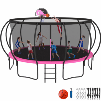 Kacho Trampoline, 10FT Trampoline for Adults and Kids, 1000LBS Trampoline with Enclosure Net, Basketball Hoop, Light, Sprinkler, Ladder, Wind Stakes, Outdoor Heavy-Duty Trampolines, Pink