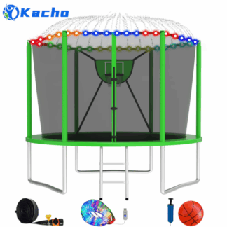 Kacho Trampoline 10FT, 1000LBS Trampoline for 1-2 Kids, Outdoor Trampoline with Safety Enclosure Net, Basketball Hoop, Ball, Light, Sprinkler, No Gap Design Backyard Recreational Trampoline, Green