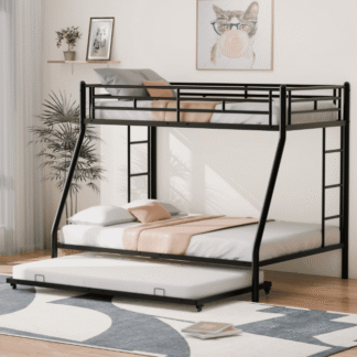 Kacho Twin over Full Bunk Bed with Trundle, Metal Bunk Bed with Sturdy Steel Frame, Bunk Bed with Twin Size Trundle, Metal Bunk Bed for for Dormitory Bedroom, No Spring Box Required, Black
