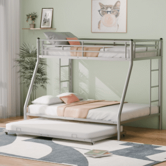Kacho Twin over Full Bunk Bed with Trundle, Metal Bunk Bed with Sturdy Frame, Bunk Bed for , Metal Bunk Bed for Teens, for Dormitory Bedroom, No Spring Box Required, Silver